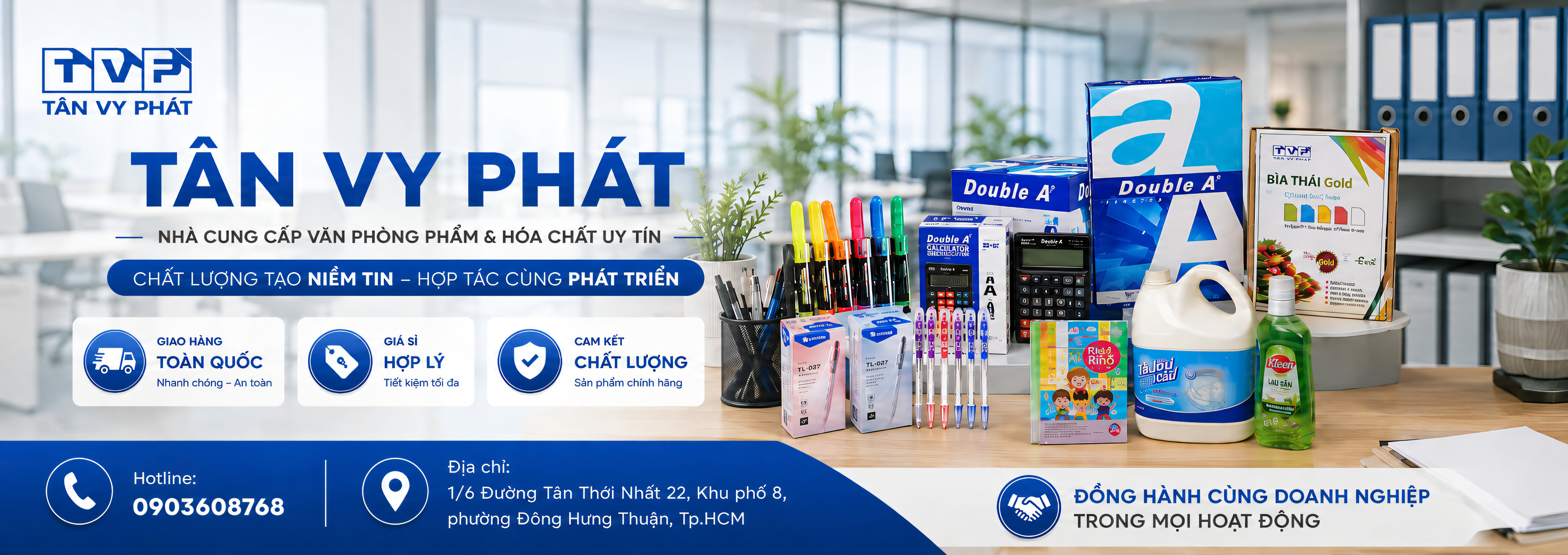 Tân Vy Phát — Nhà cung cấp văn phòng phẩm & hóa chất uy tín